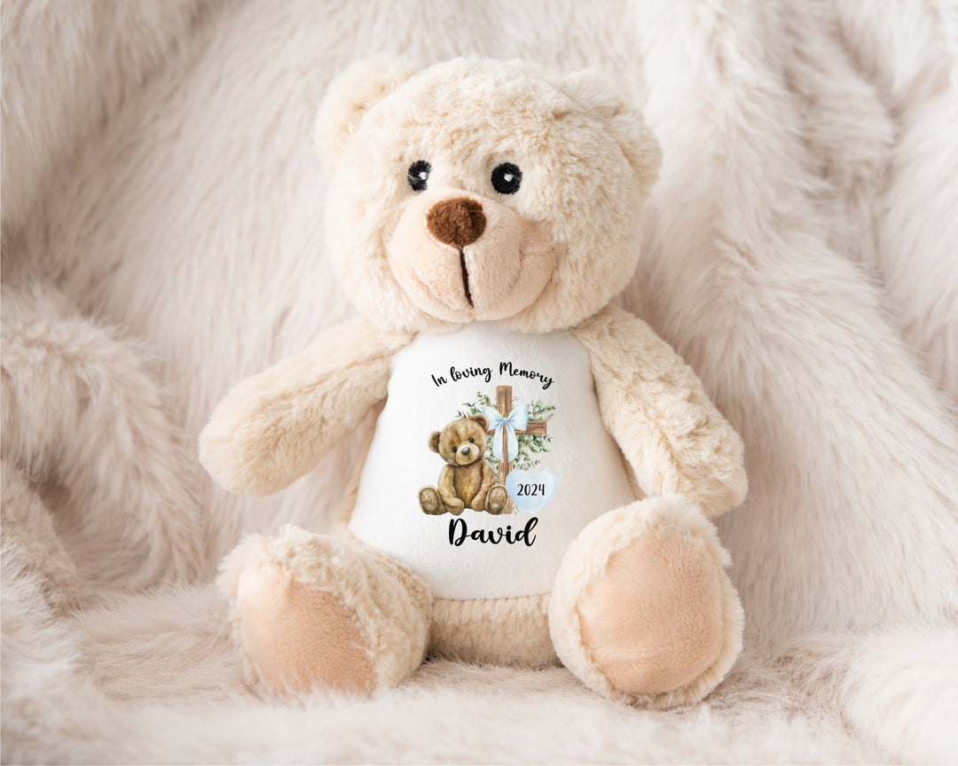 Personalised Blue Memorial Bear Cross Teddy - Gifts Handmade