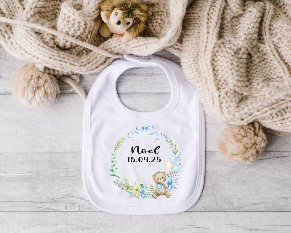 Personalised Blue Wreath Name and Date Baby Bib - Gifts Handmade