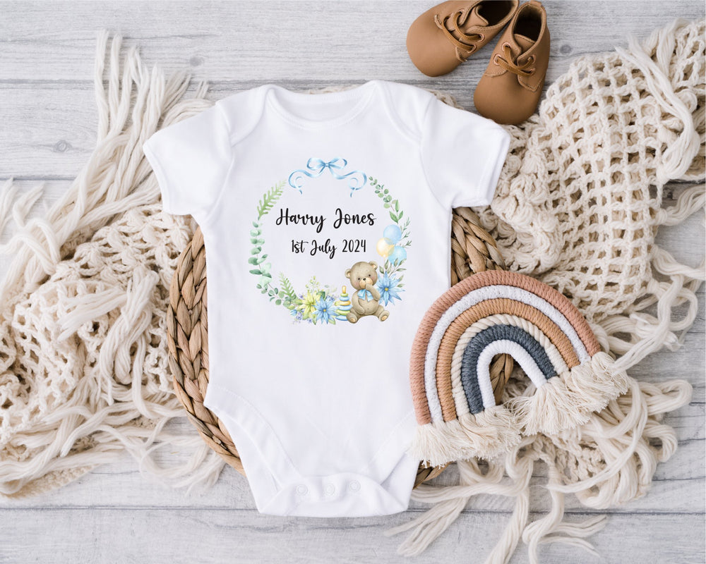 Personalised Blue Wreath Name and Date Baby Grow / Onesie - Gifts Handmade