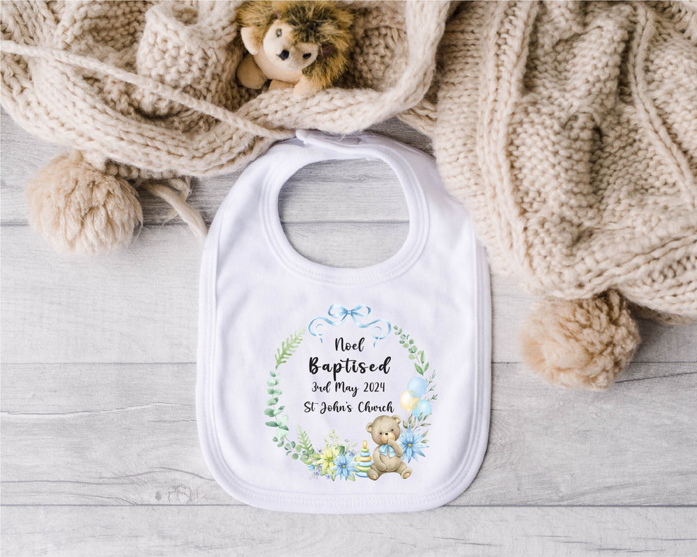 Personalised Christening/Baptism Blue Wreath Baby Bib - Gifts Handmade