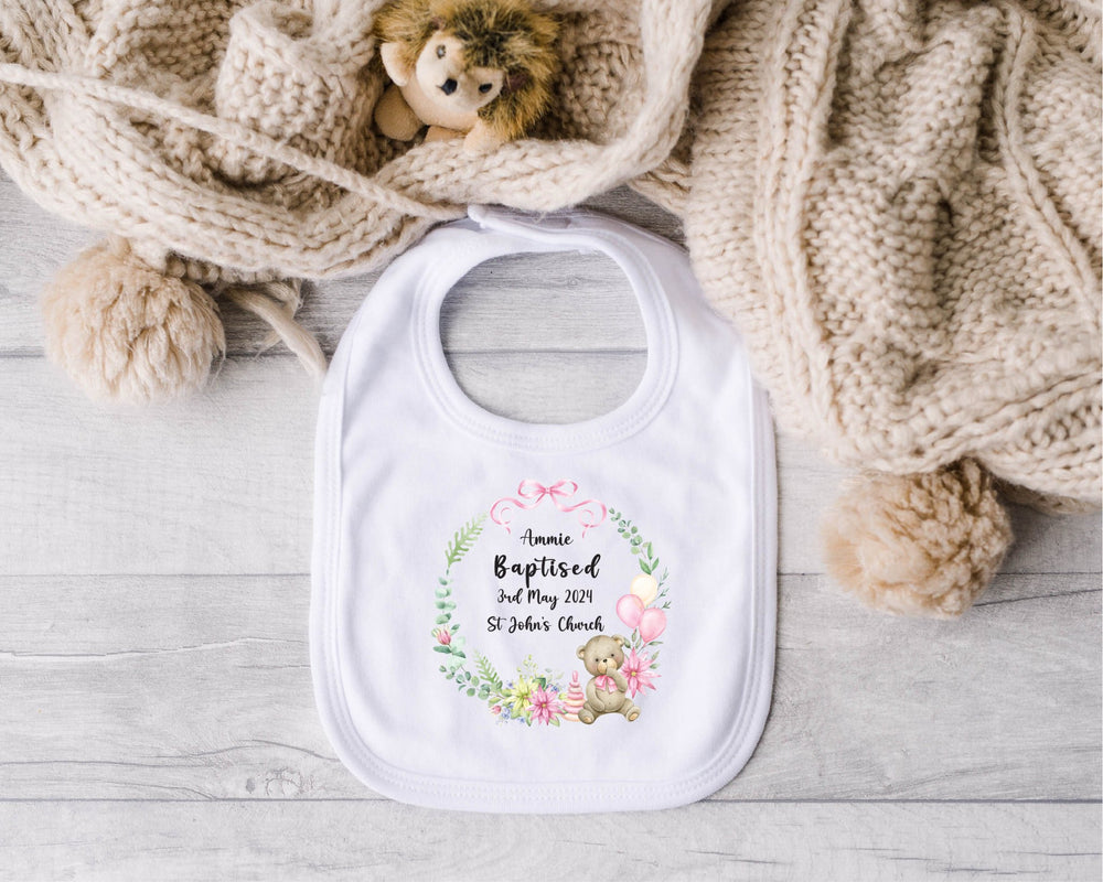 Personalised Christening/Baptism Pink Wreath Baby Bib - Gifts Handmade
