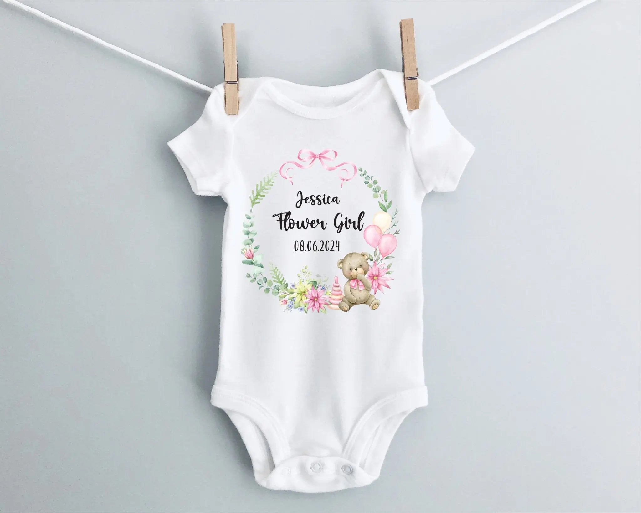 Personalised Flower Girl Wreath Name and Date Baby Grow Onesie