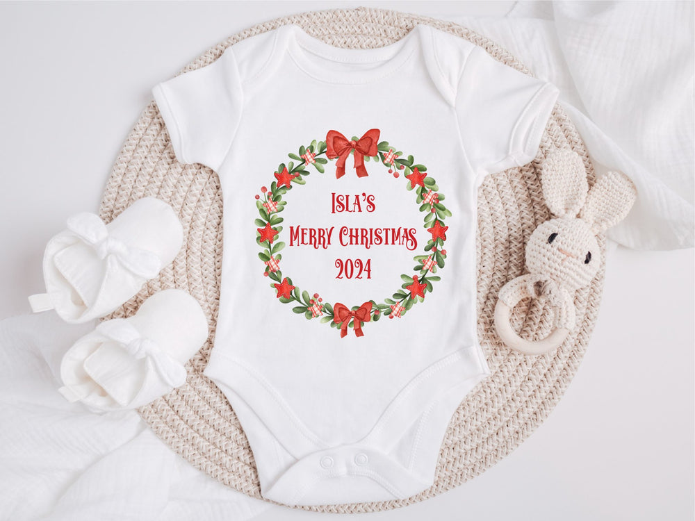 Personalised Merry Christmas Wreath Baby Grow / Onesie - Gifts Handmade