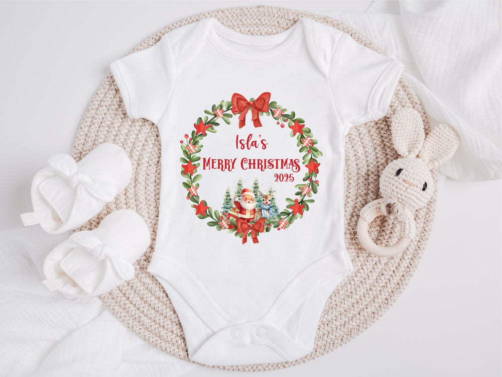 Personalised Merry Christmas Wreath Santa Baby Grow / Onesie - Gifts Handmade