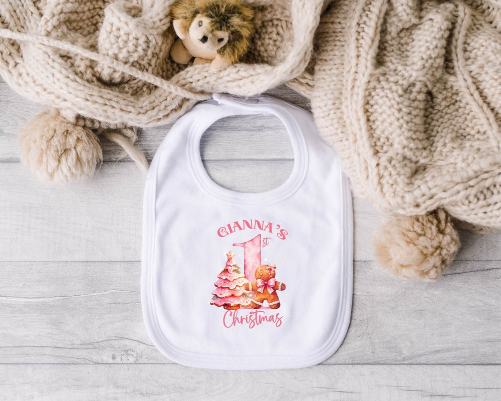 Personalised Pink First Christmas Baby Bib - Gifts Handmade
