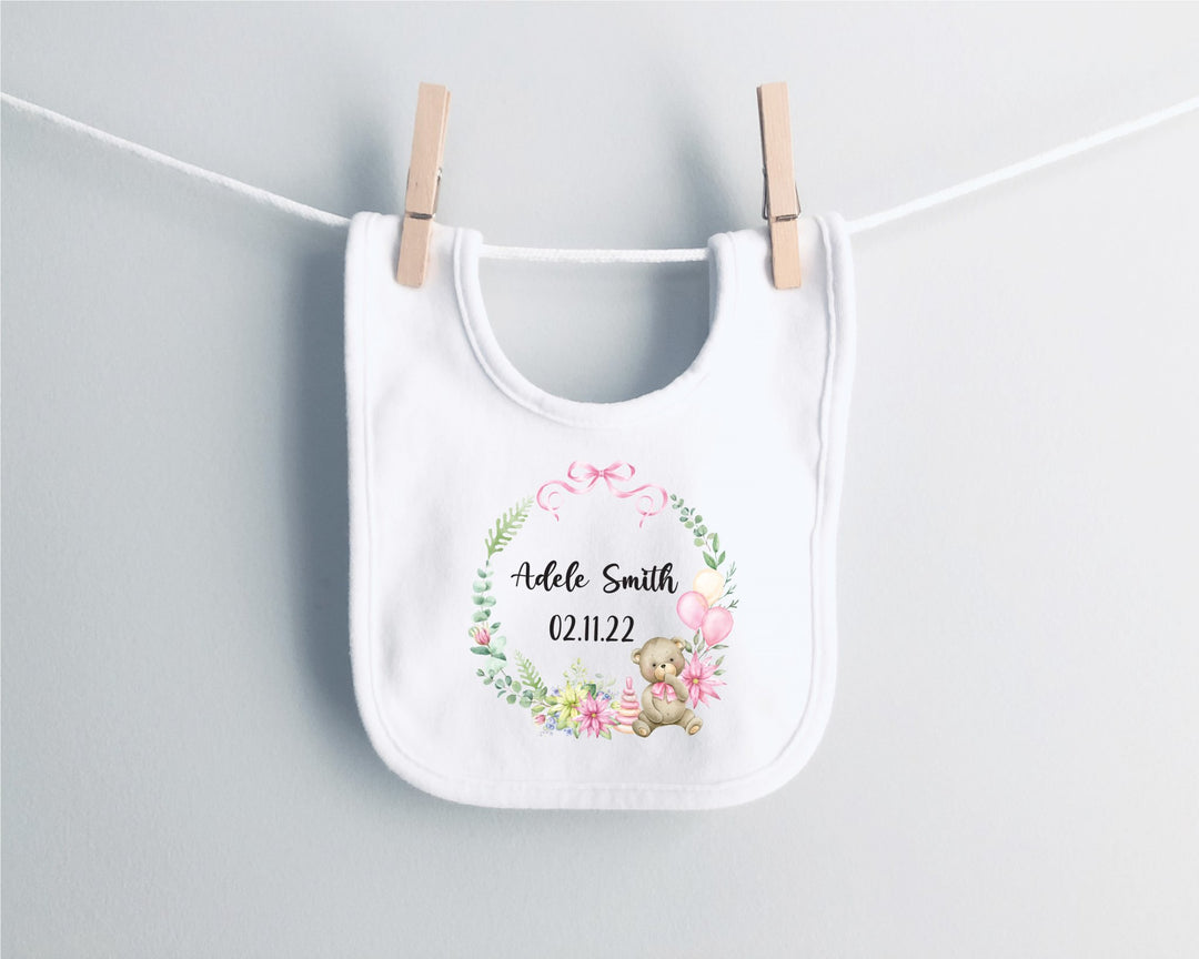 Personalised Pink Wreath Name and Date Baby Bib - Gifts Handmade
