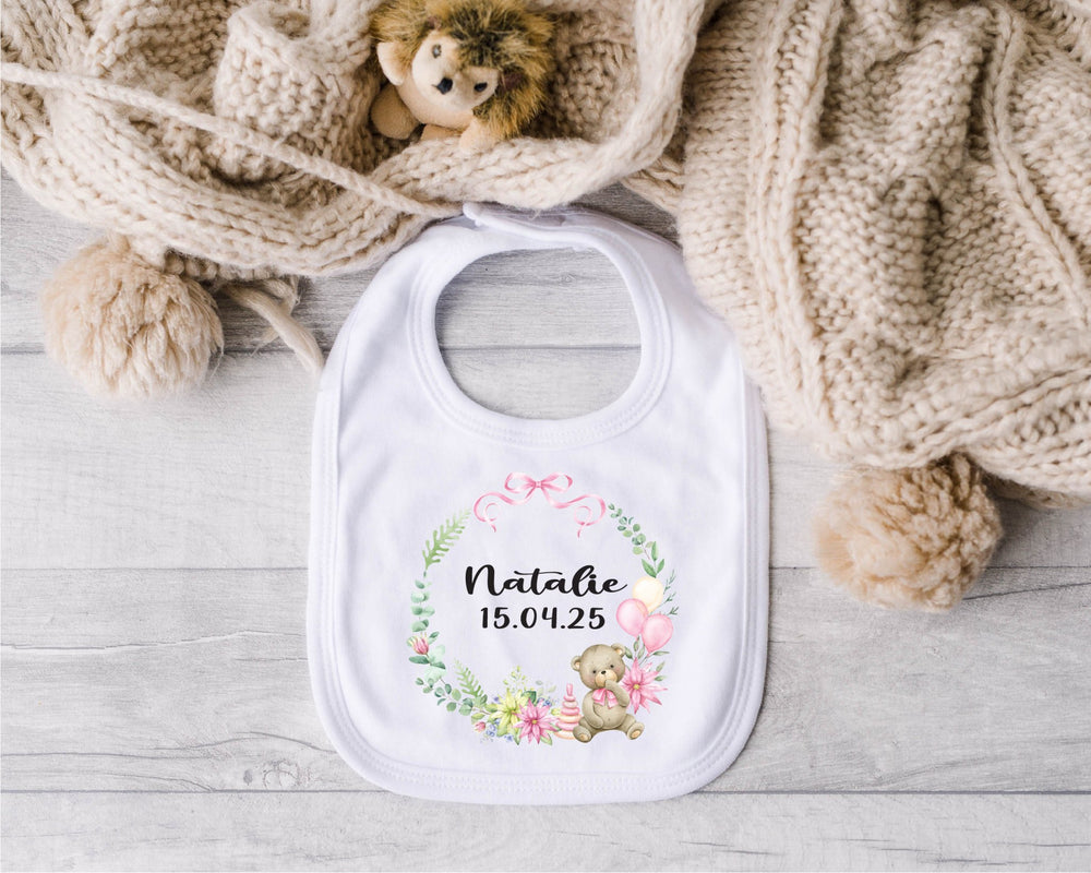 Personalised Pink Wreath Name and Date Baby Bib - Gifts Handmade