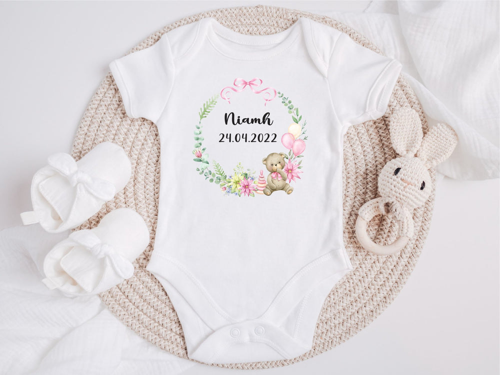 Personalised Pink Wreath Name and Date Baby Grow / Onesie - Gifts Handmade