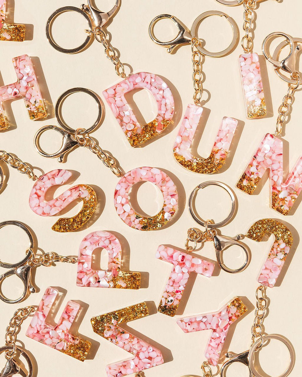 Handmade A-Z Letter Keyring with Pink stone shavings and Gold Foil - Gifts Handmade