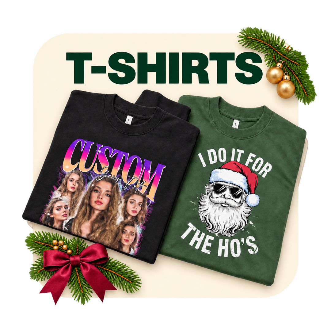 Custom printed graphic t shirts with personalised retro portrait design displayed on a purple background.