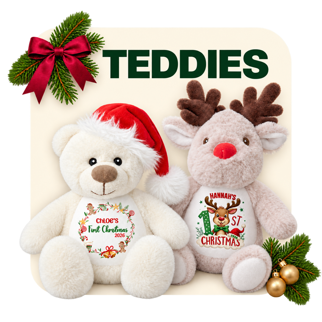 Personalised teddy bears and custom stuffed bunny gifts with printed names and photo designs on a purple background.