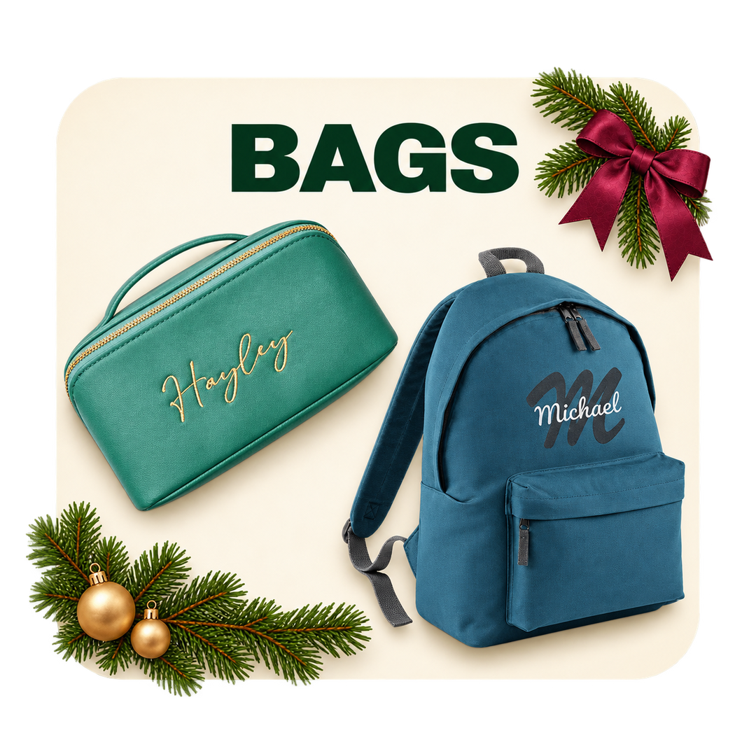 Personalised bags collection featuring custom embroidered makeup bags and personalised backpacks on a purple background.