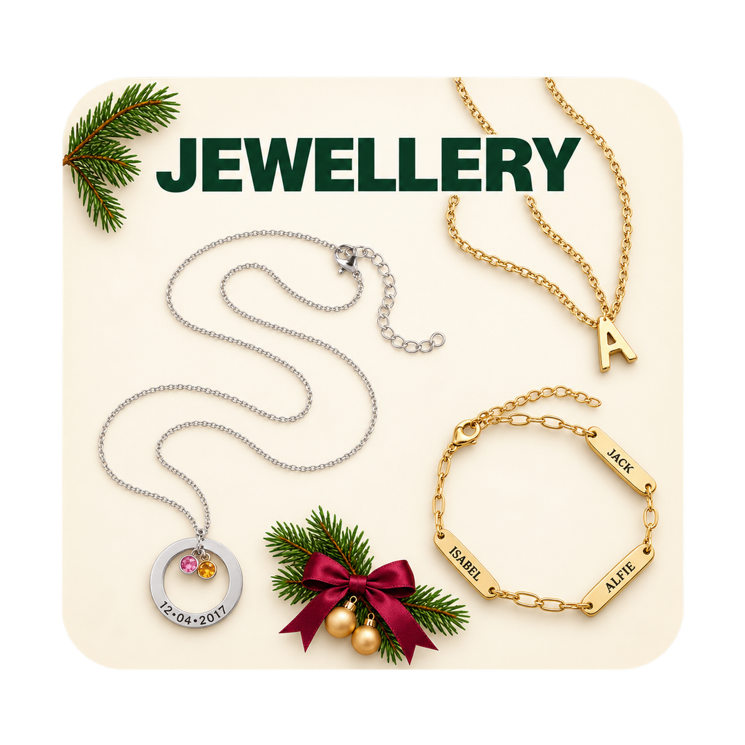 Personalised jewellery collection featuring custom name necklaces, engraved bracelets and birthstone necklaces on a purple background.