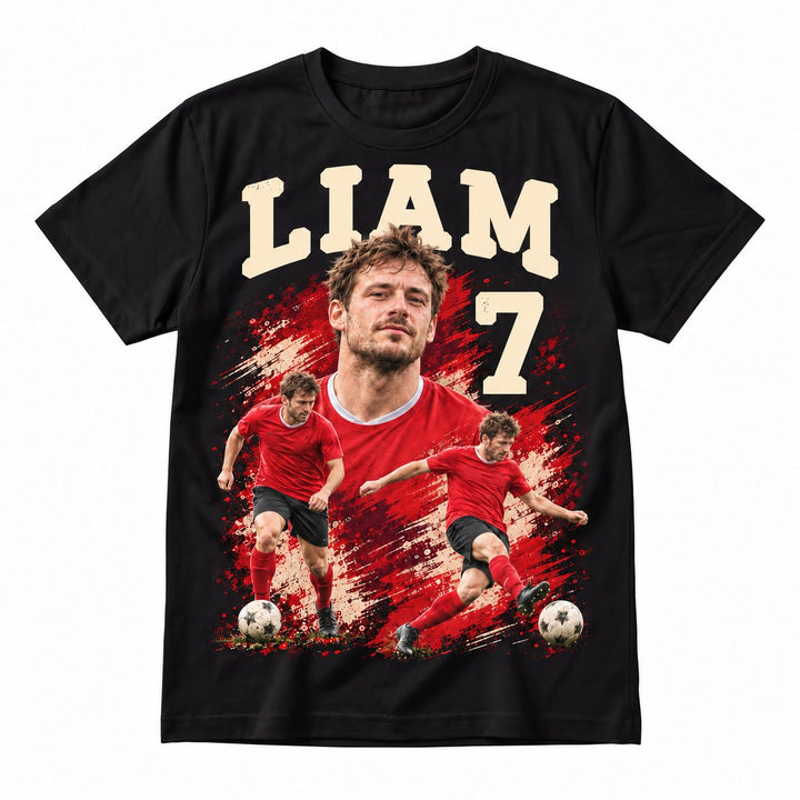 Black adult football T-shirt with LIAM 7 and red artwork