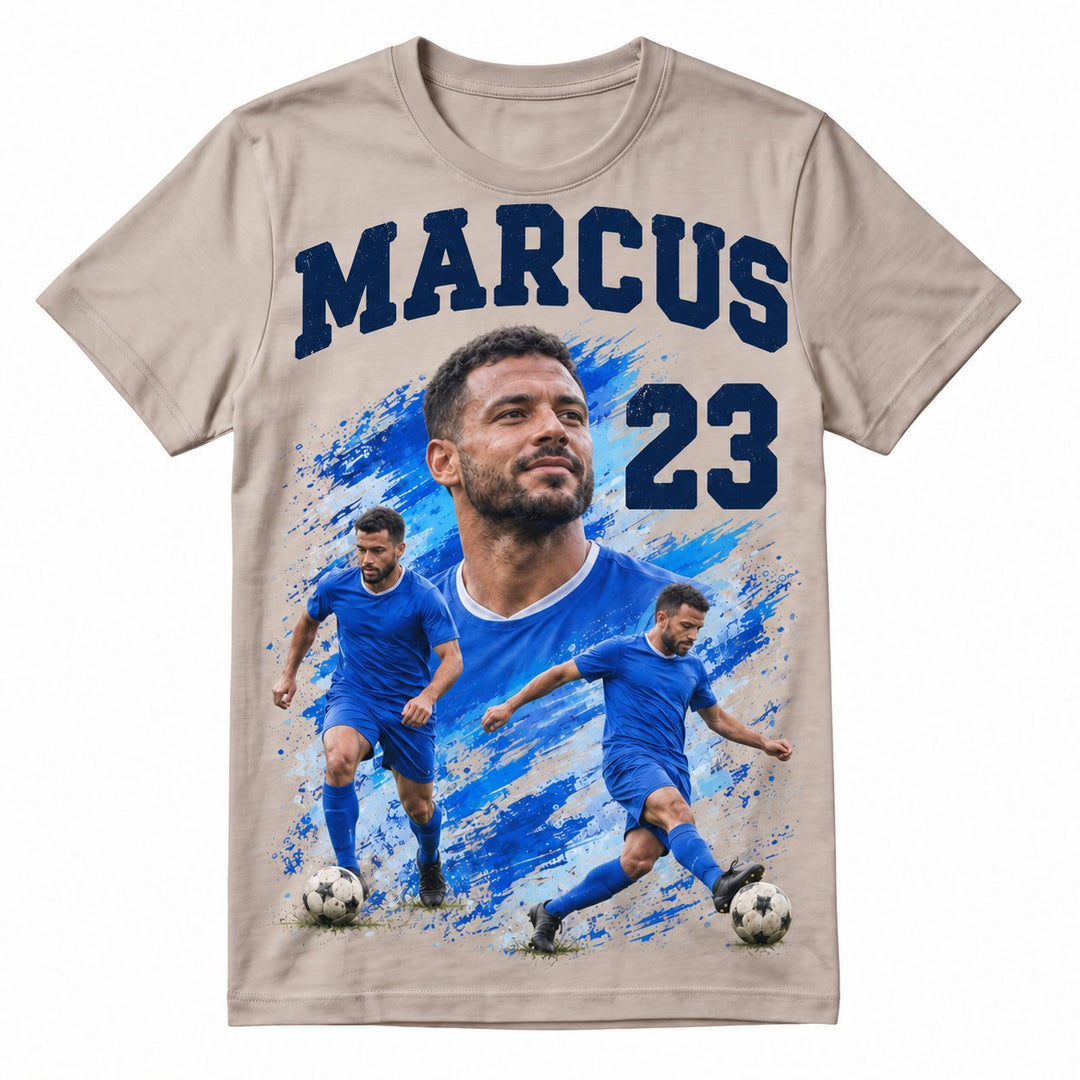 Stone adult football T-shirt with MARCUS 23 and blue artwork