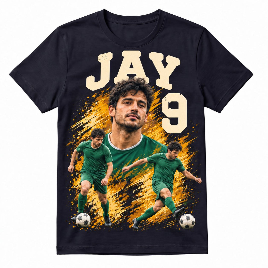 Navy adult football T-shirt with JAY 9 and gold artwork