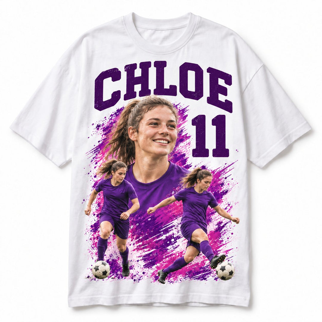 White oversized football T-shirt with CHLOE 11 and purple artwork