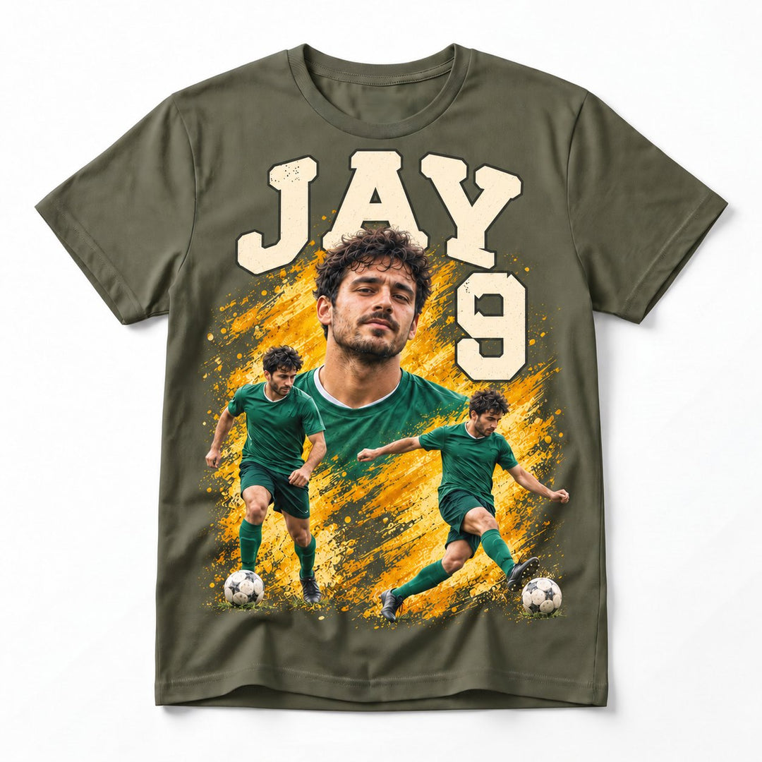 Military green football T-shirt with JAY 9 and gold artwork