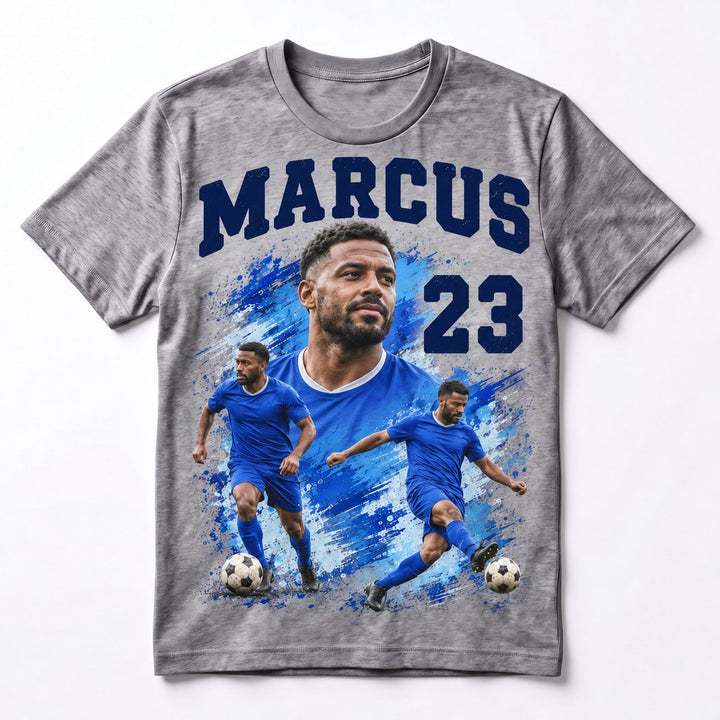 Heather grey football T-shirt with MARCUS 23 and blue artwork