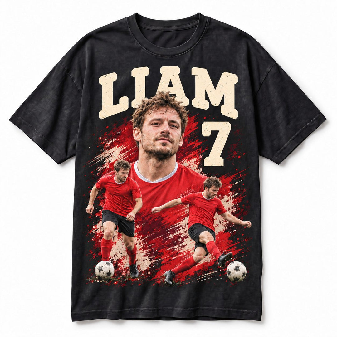 Acid wash football T-shirt with LIAM 7 and red artwork