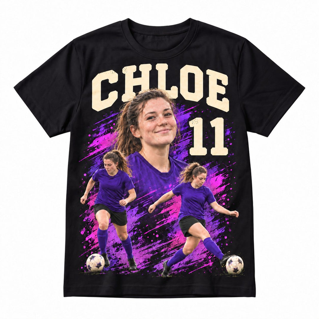 Black adult football T-shirt with CHLOE 11 and purple artwork