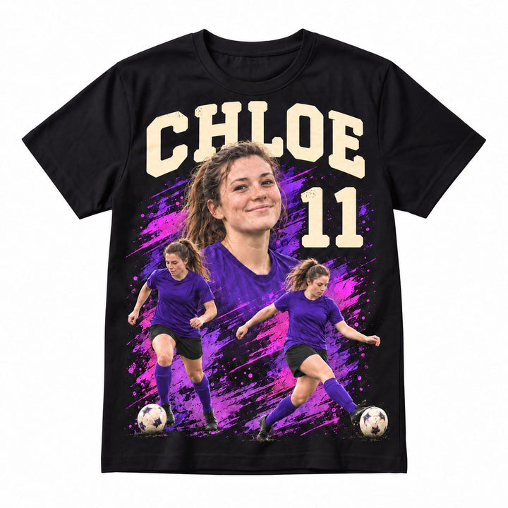 Black adult football T-shirt with CHLOE 11 and purple artwork