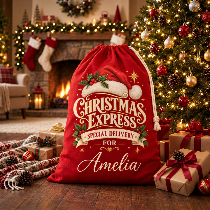 Personalised Santa Hat Express Christmas Sack