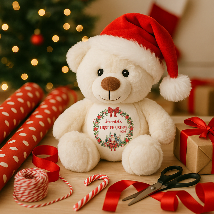 Personalisierter Weihnachtsmann-Weihnachtskranz-Teddy