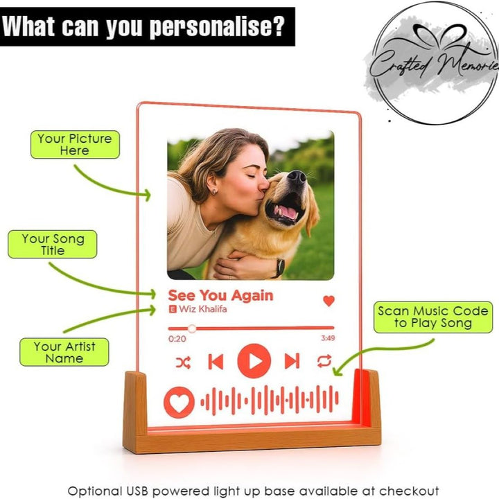 Personalised A5 Acrylic Music Song Frame with Photo - Powered by USB