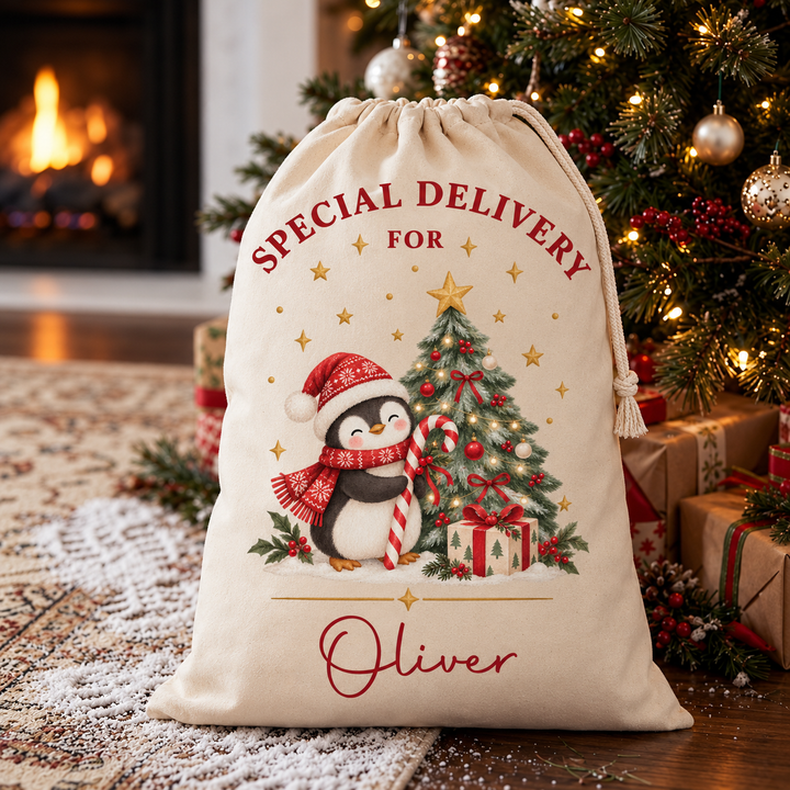 Personalised Penguin and Tree Christmas Sack