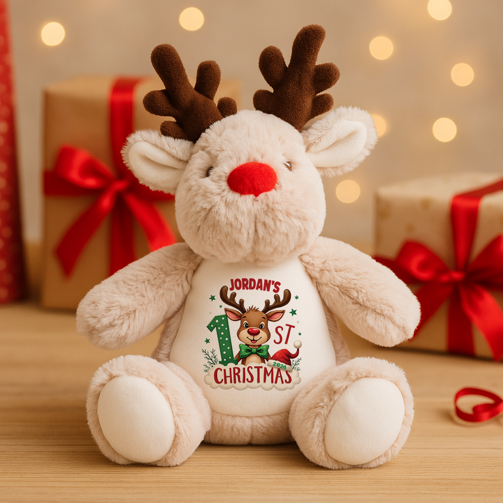 Personalisierter Rentier-Teddy für das erste Weihnachten