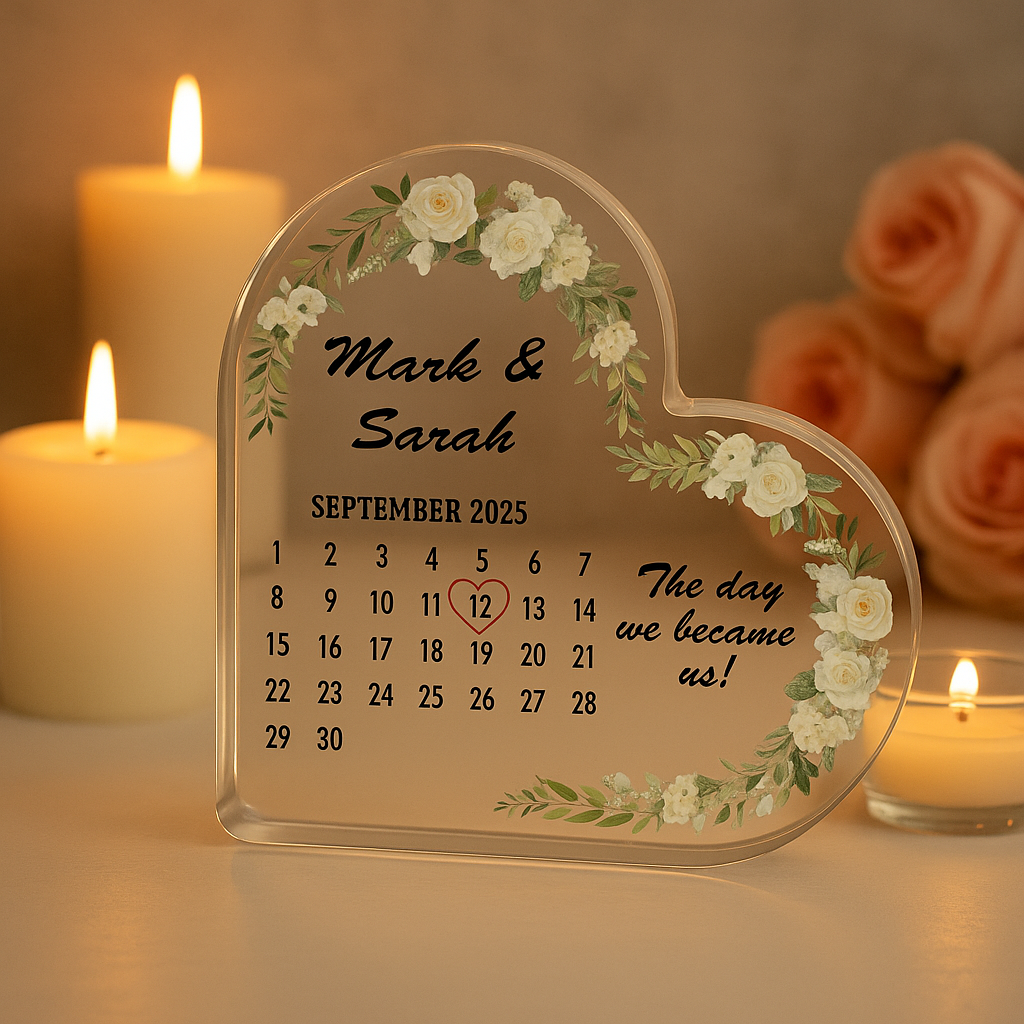 Personalised Wedding/Anniversary Calendar Acrylic Heart Plaque
