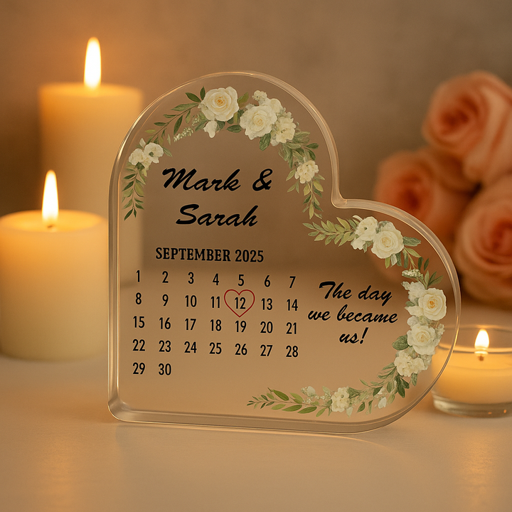 Personalised Wedding/Anniversary Calendar Acrylic Heart Plaque
