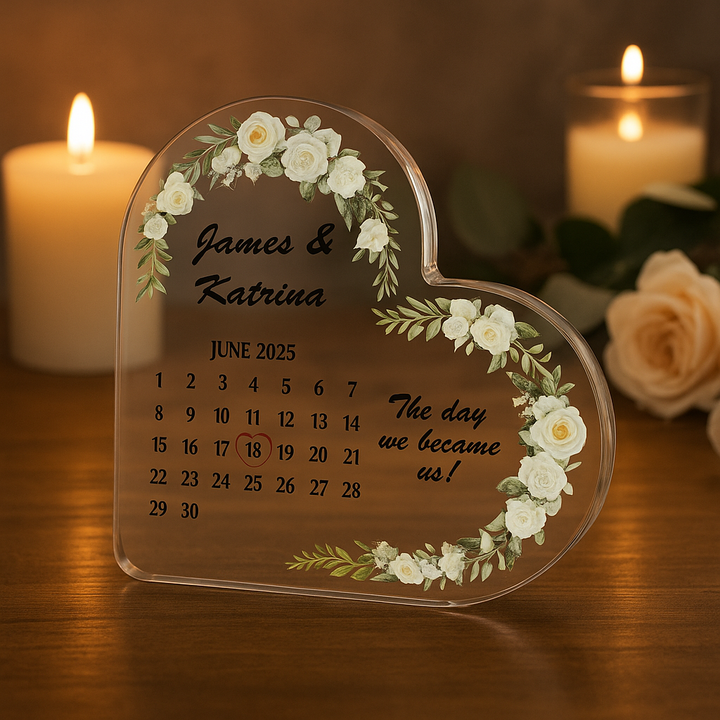 Personalised Wedding/Anniversary Calendar Acrylic Heart Plaque