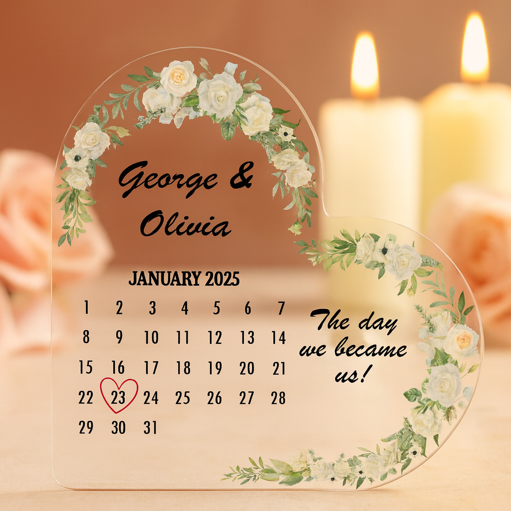 Personalised Wedding/Anniversary Calendar Acrylic Heart Plaque