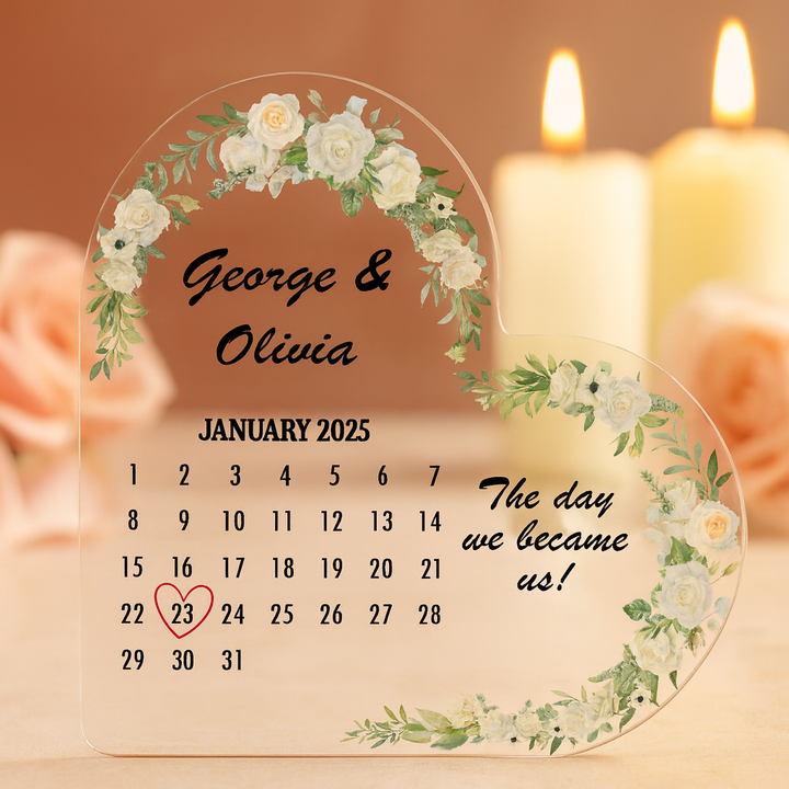 Personalised Wedding/Anniversary Calendar Acrylic Heart Plaque