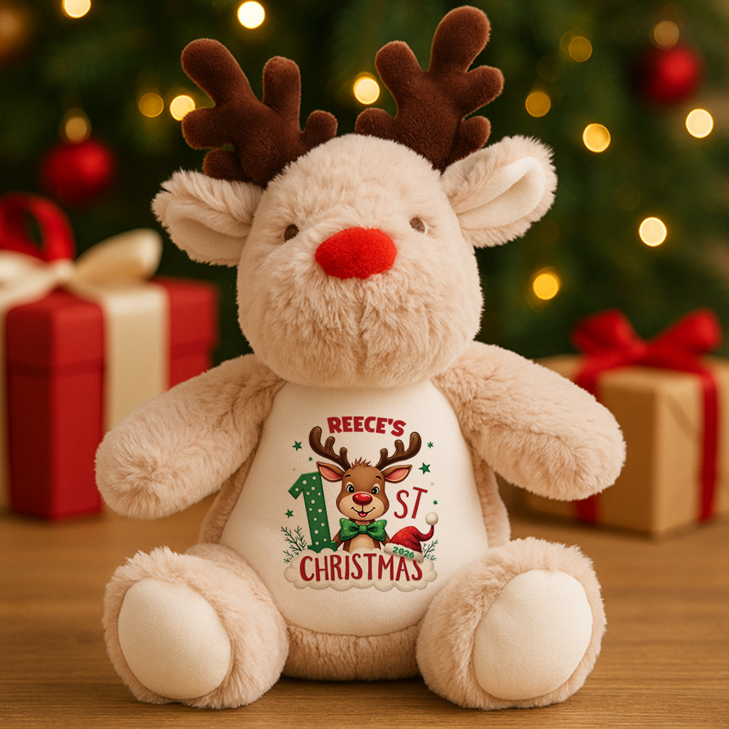 Personalisierter Rentier-Teddy für das erste Weihnachten