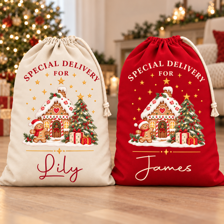 Personalised Gingerbread House Christmas Sack