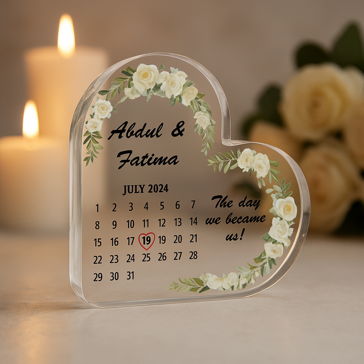 Personalised Wedding/Anniversary Calendar Acrylic Heart Plaque