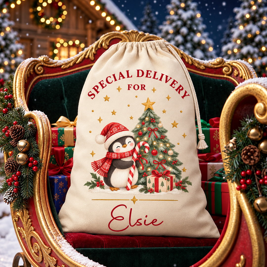 Personalised Penguin and Tree Christmas Sack