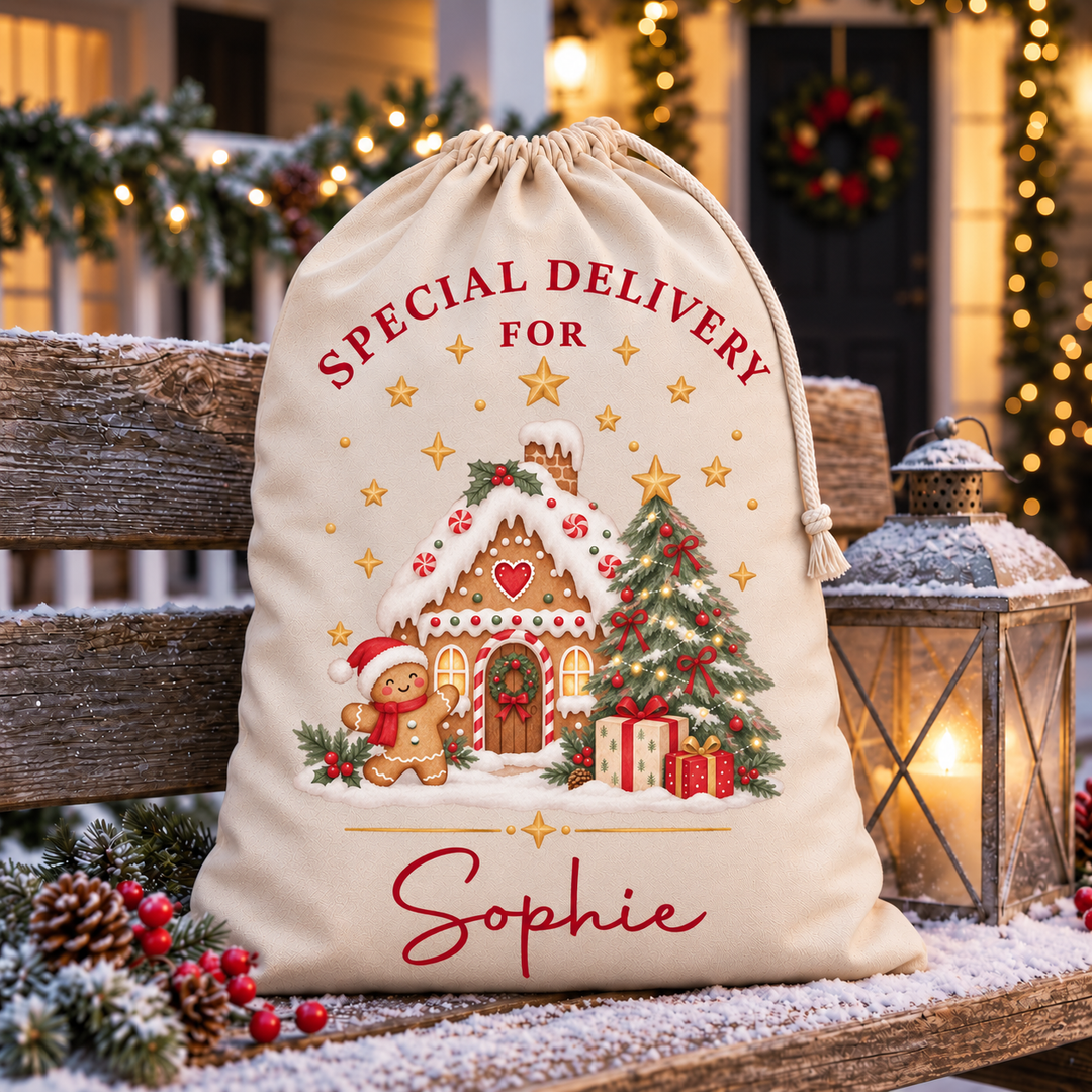 Personalised Gingerbread House Christmas Sack