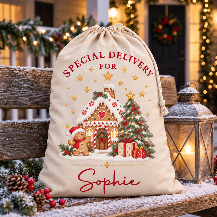 Personalised Gingerbread House Christmas Sack