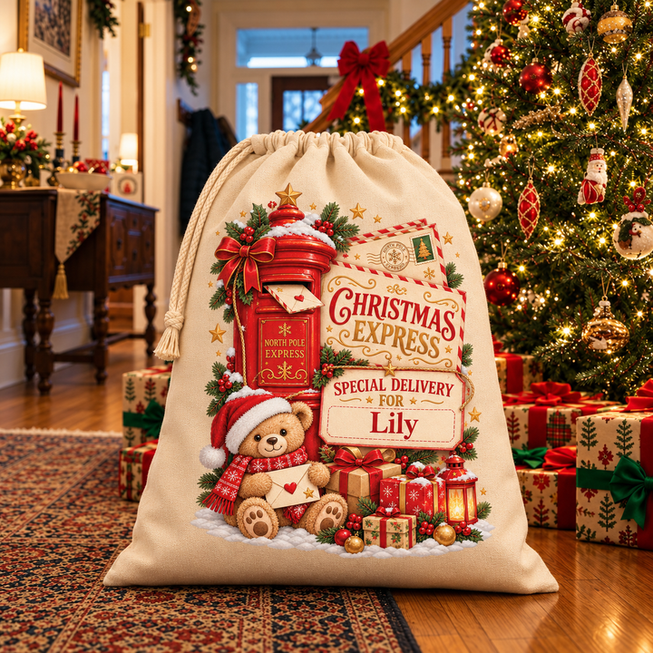 Personalised Post Box and Teddy Christmas Sack