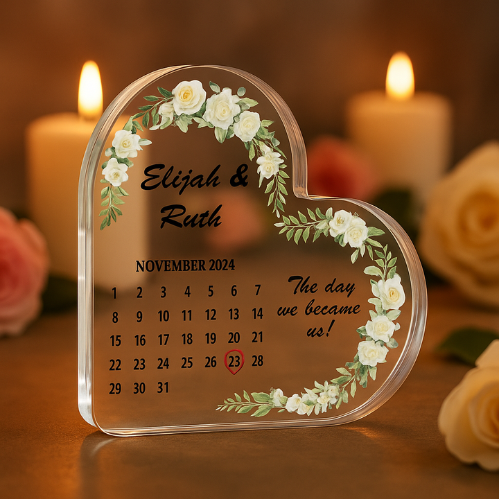 Personalised Wedding/Anniversary Calendar Acrylic Heart Plaque