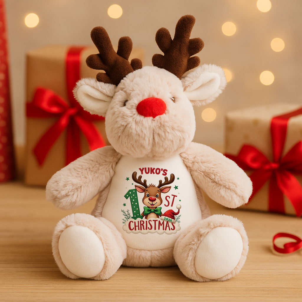 Personalisierter Rentier-Teddy für das erste Weihnachten