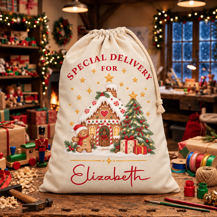 Personalised Gingerbread House Christmas Sack