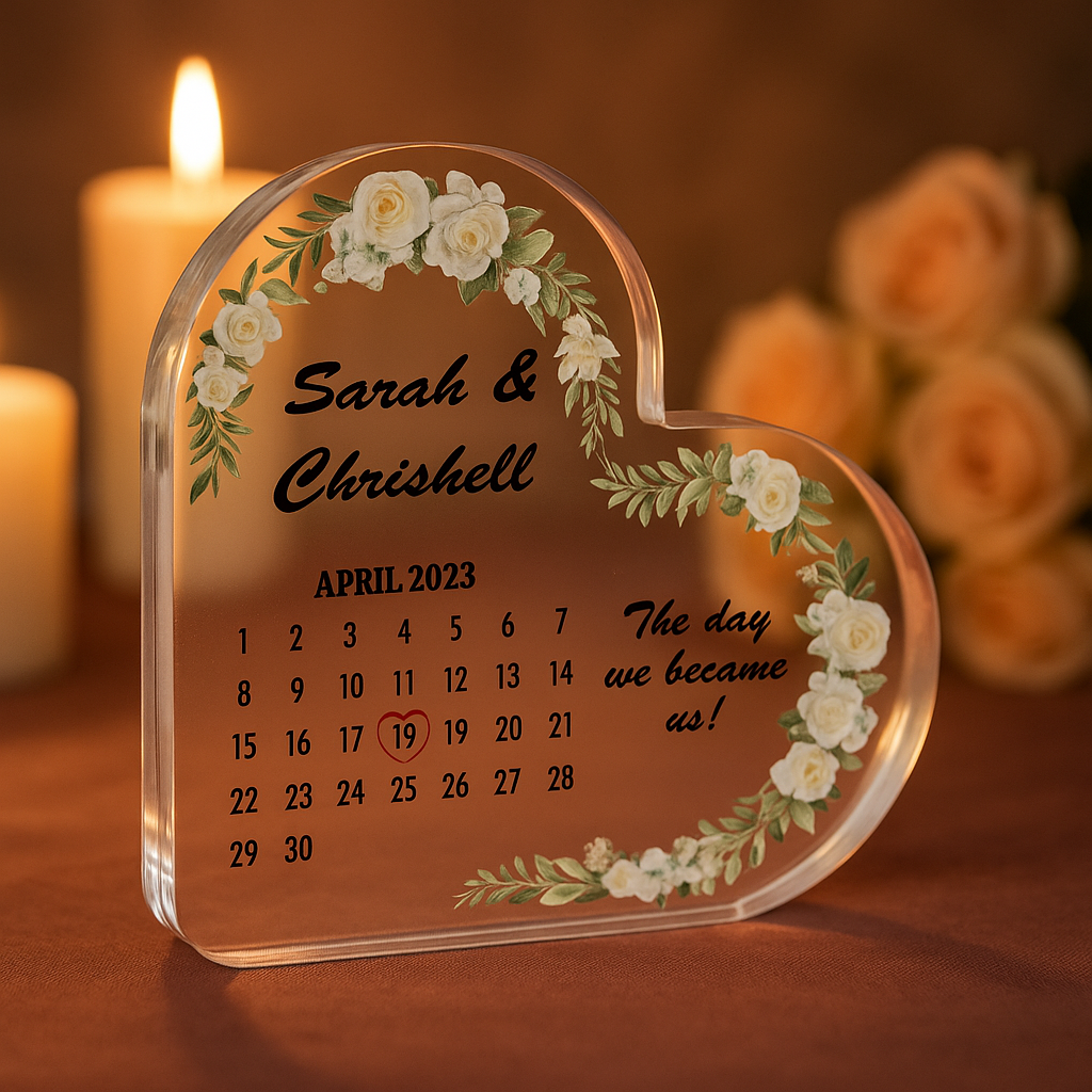 Personalised Wedding/Anniversary Calendar Acrylic Heart Plaque