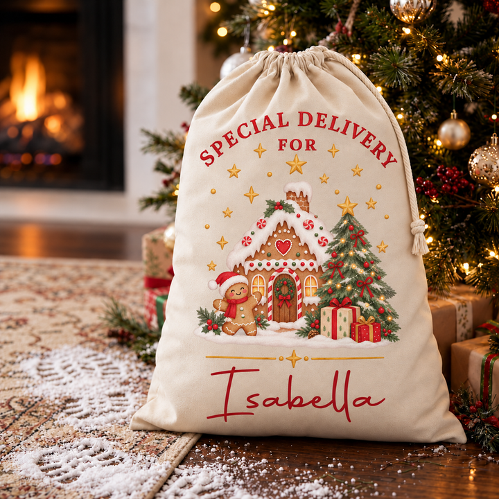 Personalised Gingerbread House Christmas Sack