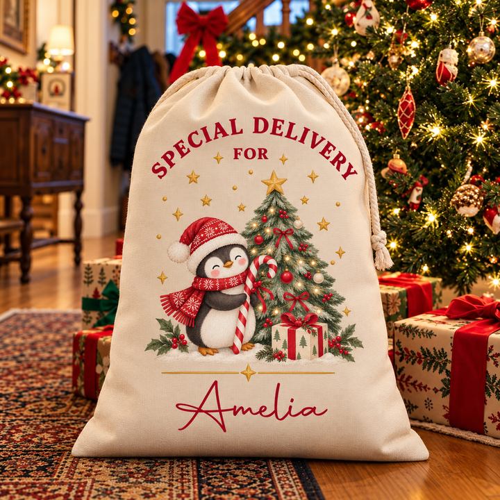 Personalised Penguin and Tree Christmas Sack