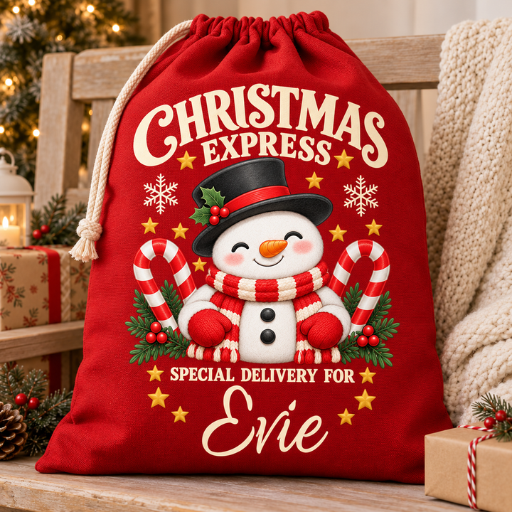 Personalised Candy Cane Snowman Christmas Sack